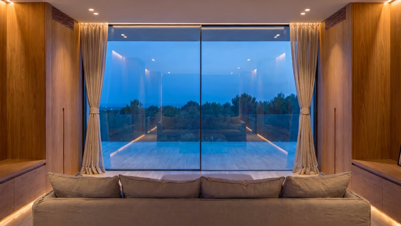 Sheer curtains closing across the window wall