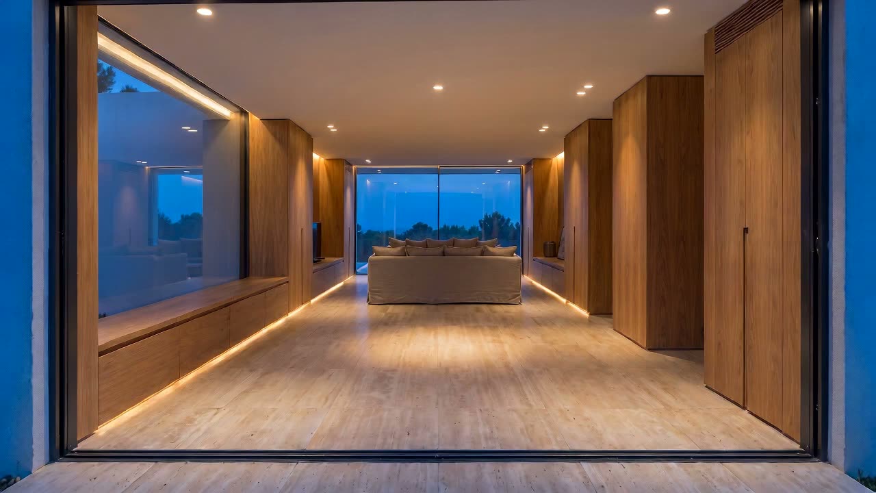 The lit living space, looking toward the glass