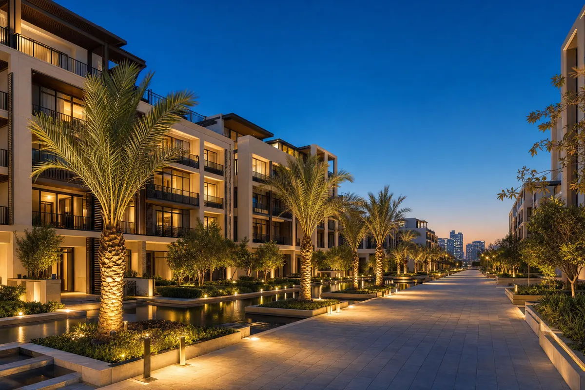 Contemporary residential development at dusk