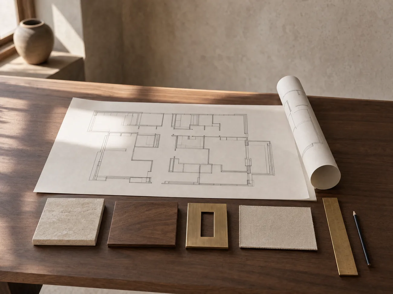 Architectural floor plan laid out with travertine, walnut, brass and linen material samples