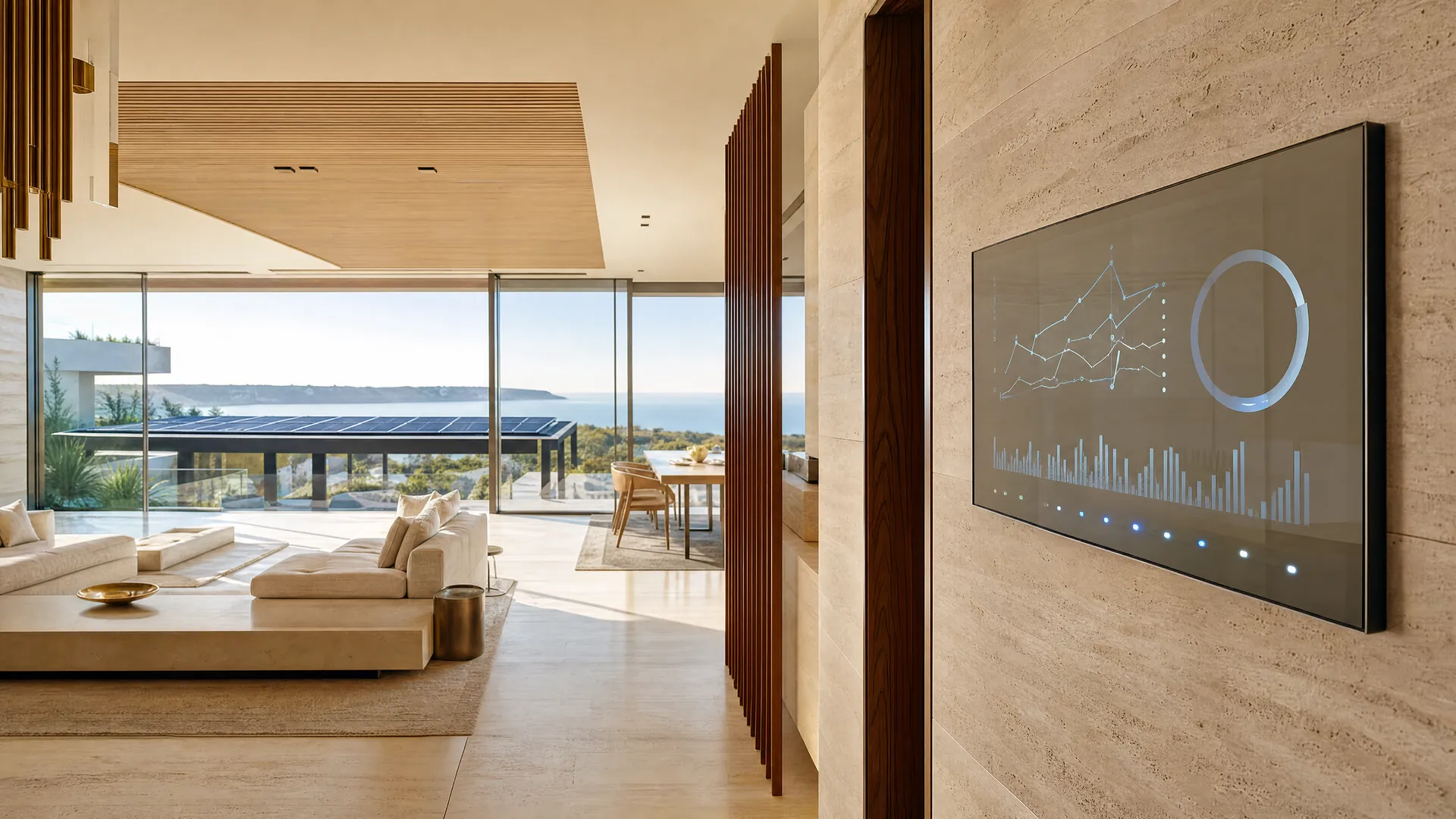Rooftop solar array beyond the terrace, with a wall-mounted energy dashboard