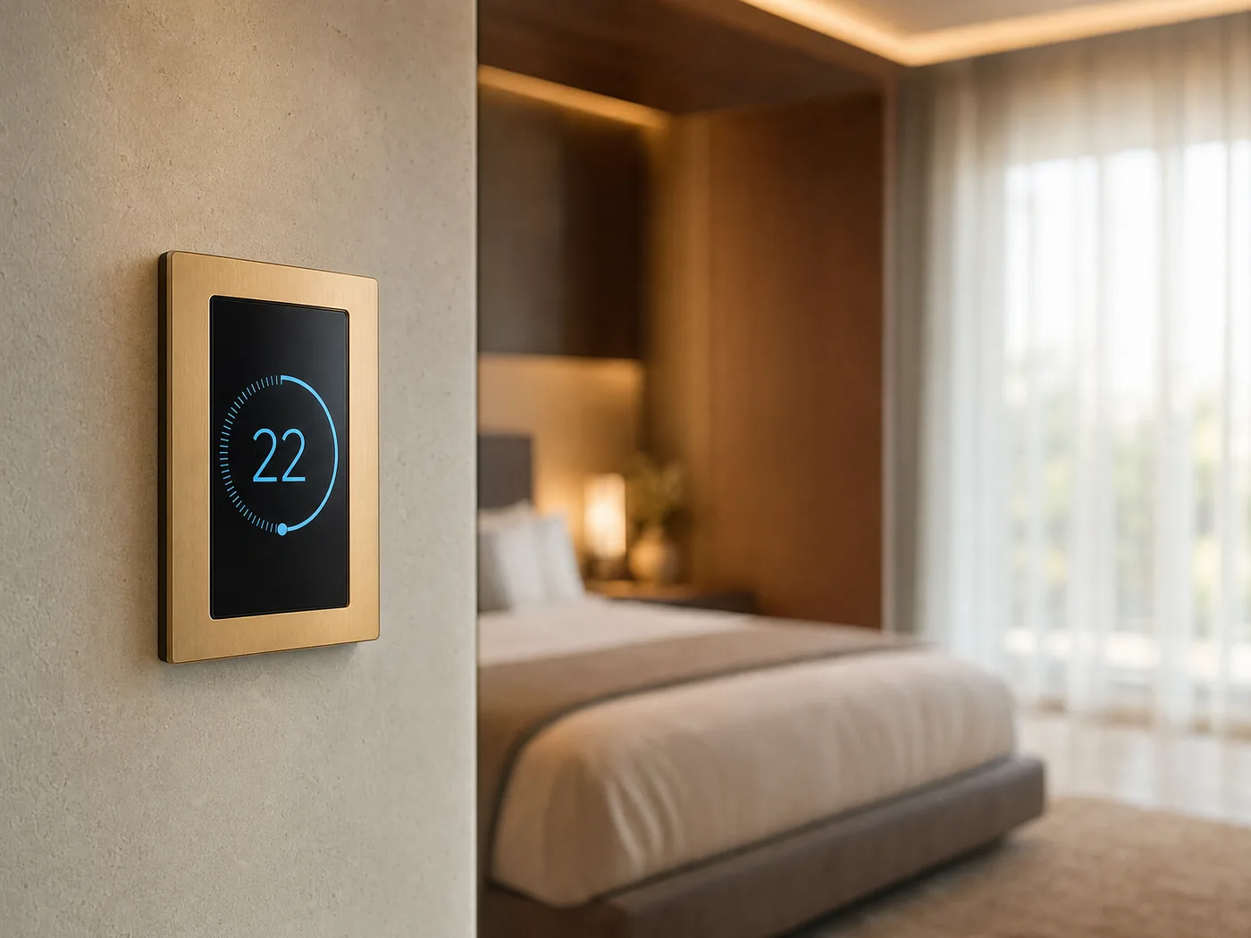Wall-mounted climate panel showing room temperature and schedule control