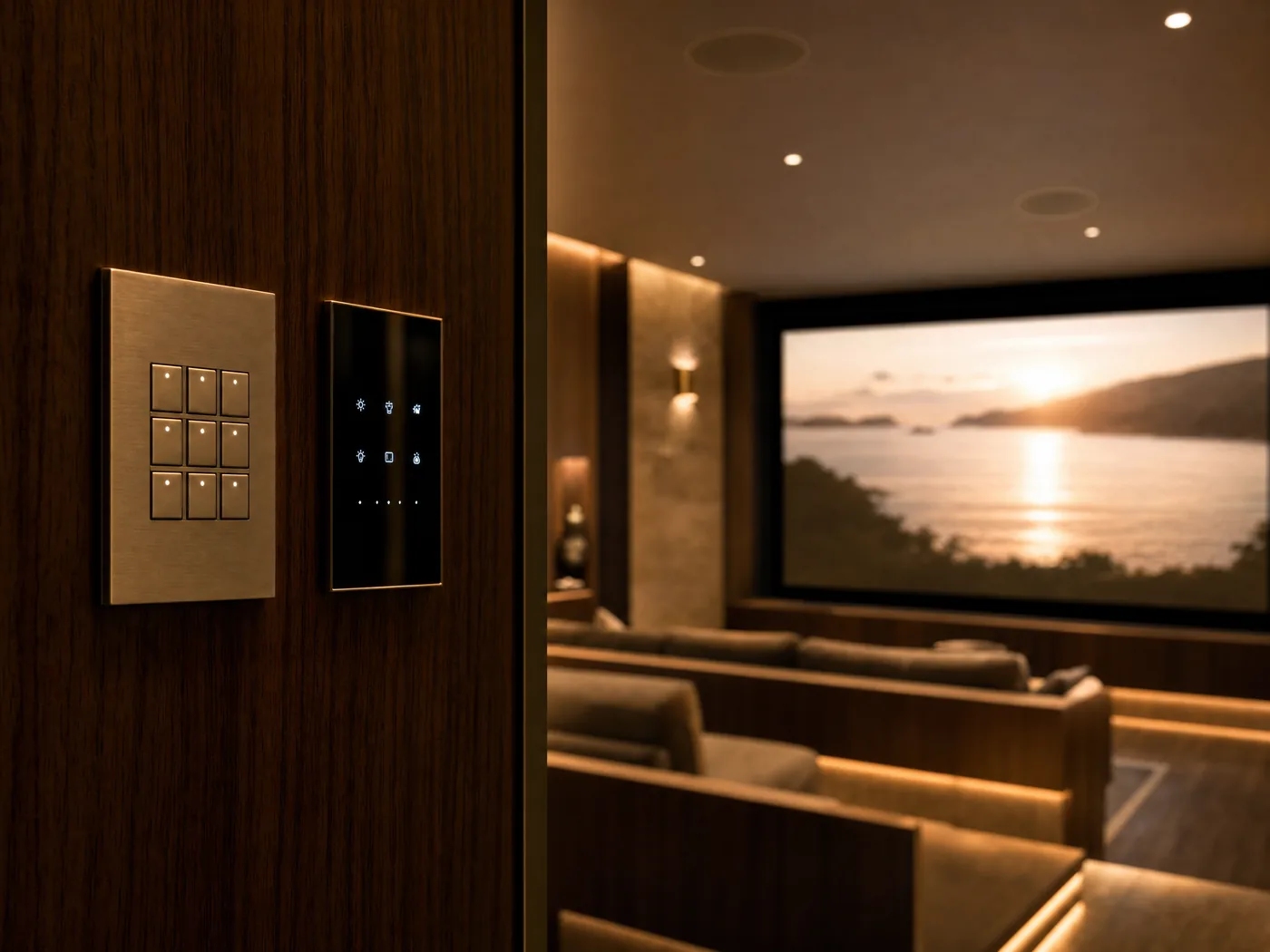 Multi-room audio keypad and scene panel beside a home cinema screen