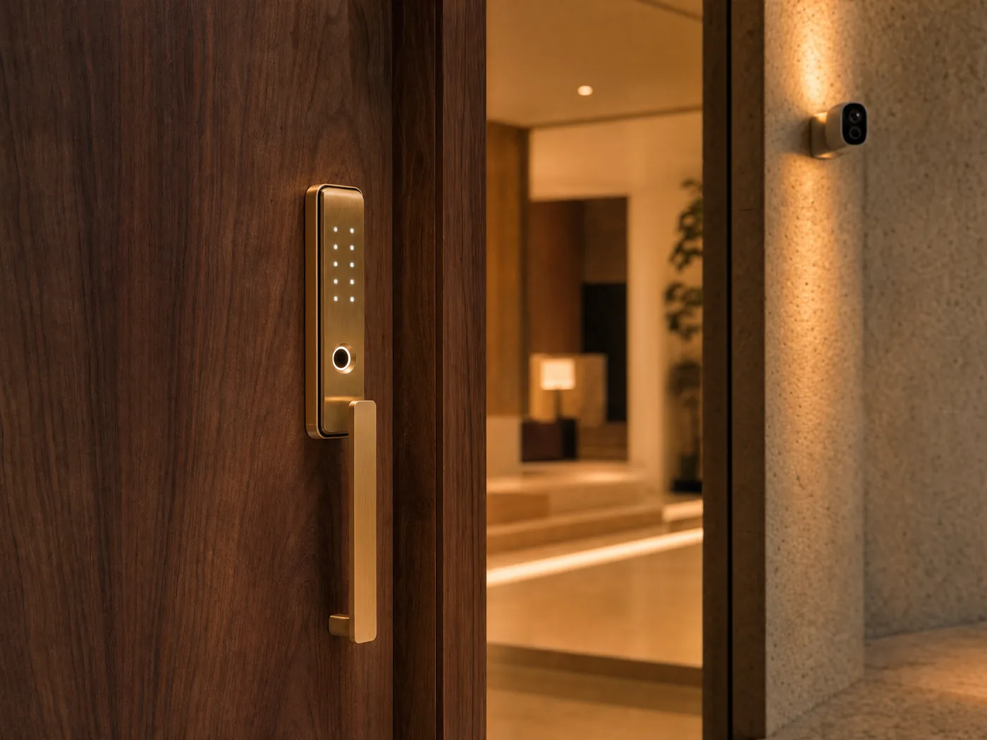 Smart door lock with fingerprint reader and keypad, with a wall camera beyond