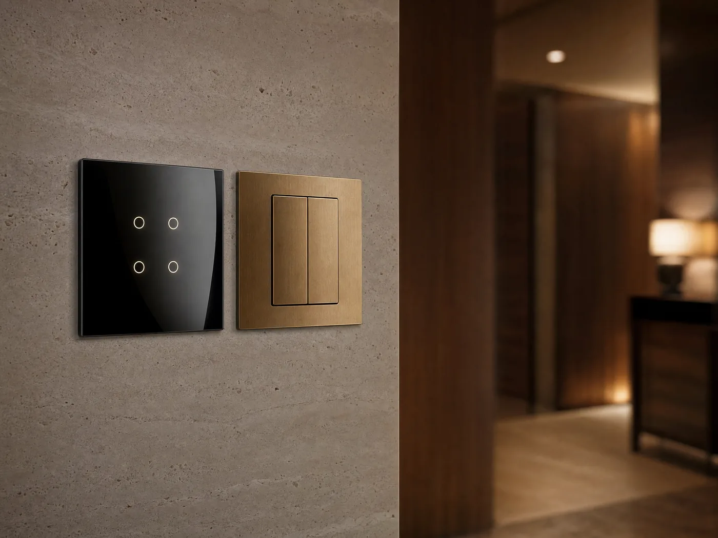 Glass touch and machined mechanical wall switches, flush-mounted side by side
