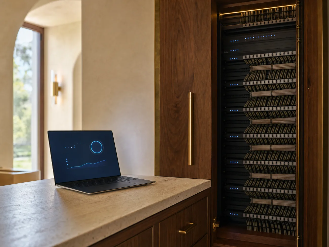 Diagnostics laptop connected to a villa's automation cabinet during a service check